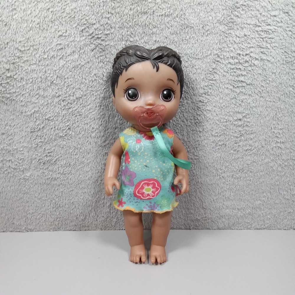 Baby Alive Lil Snacks Doll F4152 Hasbro 2019 Brown Hair Floral Dress Pacifier 8"